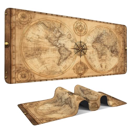 Vintage World Map Extended Gaming Mouse Pad 35.4 x 15.7 Inch – Retro Desk Mat for Gaming, Office Work, and Study, with Non-Slip Rubber Base - color: #33, size: 35.4 x 15.7 Inch