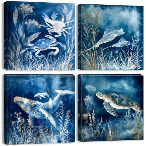 Sea Turtle Wall Art Navy Blue Beach Bathroom Decor Ocean Dolphin Whale Crab Pictures Canvas Prints Under The Sea World Coastal Wall Decor Marine Life Poster Living Room Bedroom Decorations 12x12” 4Pcs - color: Sea4P, size: 12x12in