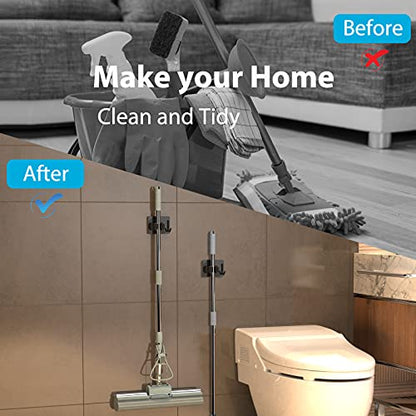 homeasy Mop Broom Holder No Drill, Mop Broom Organizer Wall Mounted Heavy Duty with Hooks Hanger, Self Adhesive Stainless Steel 6Pcs for Bathroom, Kitchen, Office (Black) - color: Black