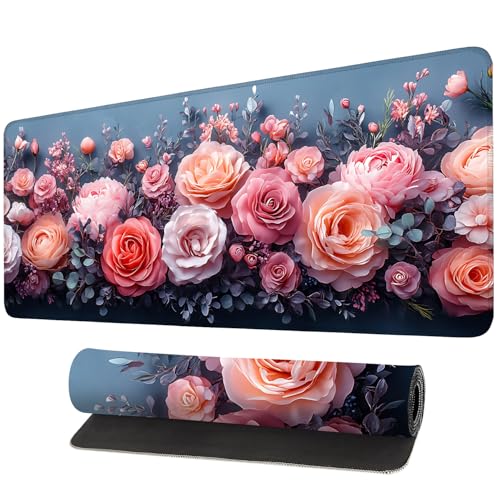 Large Mouse Pad, Pink Floral Desk Mat for Desktop, Women Girls Waterproof Gaming Mousepad, Computer Laptop Desk Accessories Protector Writing Pads for School Office Home(35.4" x 15.7") - color: Pink Flower, size: 35.4" x 15.7"