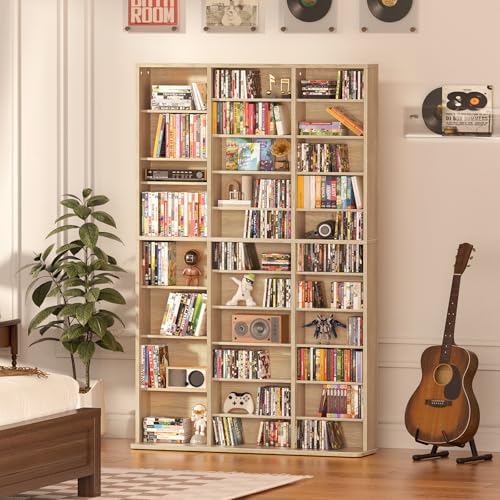 11 Tier Tall Display Cabinet, Natural Media Storage Cabinet with Adjustable Shelves, Free Standing DVD Organizer Shelf, Floor multimedia storage manga bookshelf for Living Room & Home Office. - color: Natural, size: 11-Tier