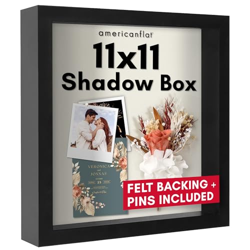 Americanflat 11x11 Shadow Box Frame with Shatter-Resistant Glass - Silhouette Collection - Large Shadow Box Display Case for Tabletop and Wall Display - Black with Soft Felt Back - color: Black, size: 11x11
