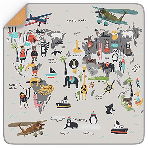 Splat Mat for Baby – Under High Chair Floor Mat Protects Wood, Vinyl and Carpet from Spills – Waterproof 4 Layer Baby Mat with Anti-Skid Backing Deters Bunching and Sliding (51” x 51”) - color: Animals World Map
