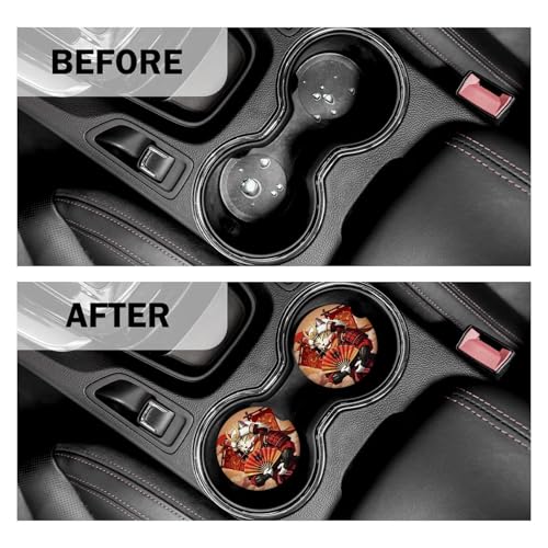 Ninja Cat Car Coasters for Cup Holders Set of 2 Absorbent Ceramic Cup Coaster 2.63" Non-Slip Cork Base Drink Coasters Gifts for Cat Lovers Car Accessories Interior - color: Ninja Cat