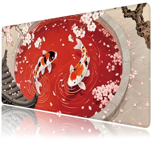Desk Mat, Japanese Koi Fish XXL 35.4"x15.7"Large Gaming Mouse Pad, 3mm Thick Gaming Keyboard Pad,Desk Pad Non-Slip Rubber Base with Stitched Edges for Office Game Home Decor - color: Japanese Koi Fish