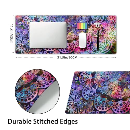 Purple Mandala Gaming Mouse Pad XL Pink Blue Green Abstract Art Extended Big Large Desk Mat Non-Slip Rubber Base Stitched Edge Long Keyboard Mousepad for PC Computer Laptop,31.5×11.8 in - color: Purple Flower, size: X-Large