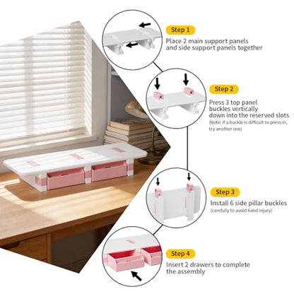 Desk Organizer and Accessories, Computer Monitor Riser Laptop Stand with Drawer Privacy Protection, Office Desk Accessories & Workspace Organizers for Office Supplies, Pink
