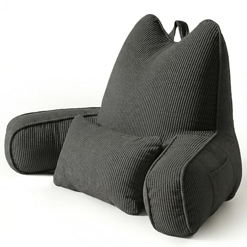 Patented Design Corduroy Bed Rest Pillow with Arms, Back Support Pillow for Sitting in Bed, Detachable Lumbar Support, Large Backrest Cushion for Reading & Relaxing, Lamp Black - color: Lamp Black