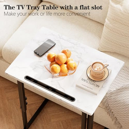 Adjustable Height Tv Tray Table,Portable Folding Tv Dinner Snack Table,Small Foldable C-Shaped End Table for Eating,Slide Under Couch Side with Sturdy MDF Top,No Assembly(White Marble+Black) - color: White Marble+black