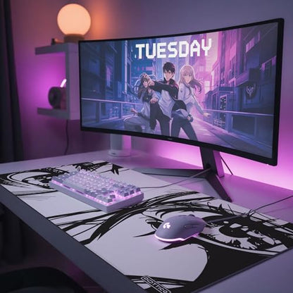 XL Anime Mouse Pad, Black and White Manga Eyes Desk Mat 31.5x15.7 in – Large Aesthetic Gaming Desk Pad with Non-Slip Rubber Base, Stitched Edges & Waterproof Cloth Surface - color: Anime, size: 31.5L x 15.7W inches