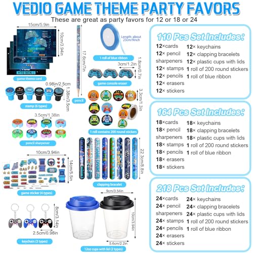 Watersay 110 Pcs Video Game Party Favors Set Includes Drink Cup with Lid Game Card Pencil Sharpener Eraser Stickers Slap Bracelet Keychain Stamp Sticker Ribbon for Gamer Birthday Level Party