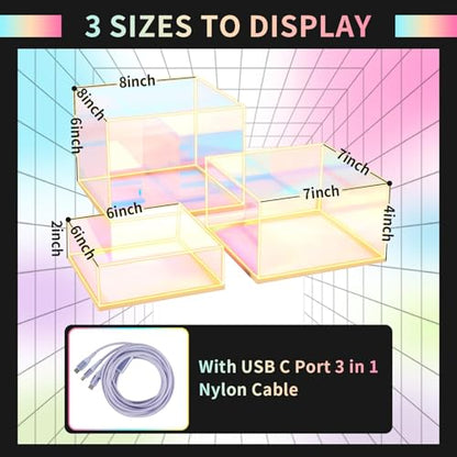 3Pcs Iridescent Acrylic Display Riser with LED light Plug and Play | Lighted Stackable Acrylic Cube Boxes Stand with Hollow Bottom for Figures Jewelry Perfume Purse Liquor Food Buffet Riser - color: Iridescent-LED light-3pcs