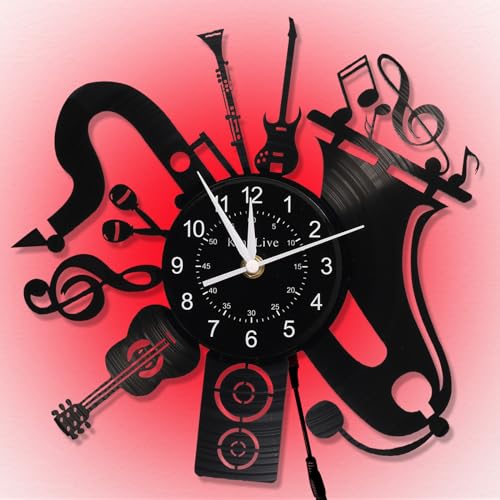KingLive Music Vinyl Record Wall Clock, Music Room Decor, Music Theme Wall Clock, Musical Guitar Instrument Art Decor (Music G) - color: Black