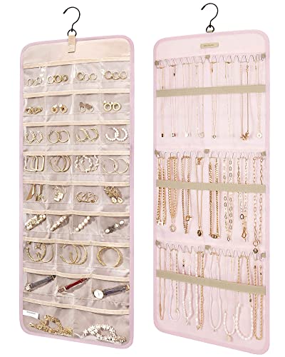 BAGSMART Hanging Jewelry Organizer Storage Roll with Hanger Metal Hooks Double-Sided Jewelry Holder for Earrings, Necklaces, Rings on Closet, Wall, Door, 1 piece, Large, Pink - color: Pink, size: Large