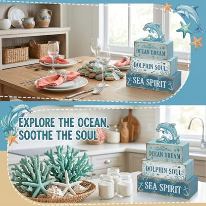 4 Pcs Dolphin Ocean Bathroom Table Decor Summer Dolphin Tiered Tray Decor Blue Nautical Wooden Signs Tabletop Summer Beach Bedroom Home Kitchen Office Decorations Shelf Sitter - style: Dolphin
