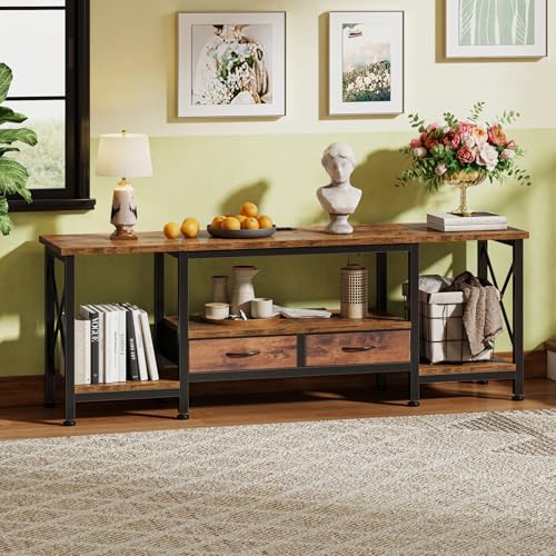 DUMOS 63" TV Stand with Power Outlets, Fabric Drawers & Open Shelves, Brown | Entertainment Center for TVs Up to 75", Media Console TV Table for Living Room & Bedroom - size: 63 Inch