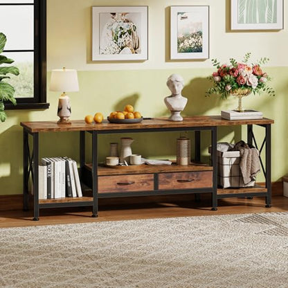 DUMOS 63" TV Stand with Power Outlets, Fabric Drawers & Open Shelves, Brown | Entertainment Center for TVs Up to 75", Media Console TV Table for Living Room & Bedroom - size: 63 Inch