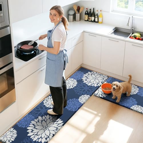 Kitchen Mats, 2PCS Non-Slip Cushioned Rugs, Anti-Fatigue Waterproof Floor Rug, Washable Standing Desk Mat, Home Laundry Office Apartment Decor and Accessories (17.3" ×59" +17.3" ×30"-Blue) - size: 17.3"W×59"L+17.3"W×30"L-0.4"Th