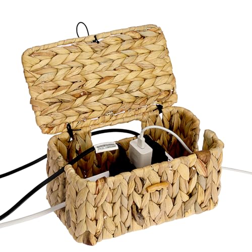 BTSKY Woven Cable Management Box with Lid, Water Hyacinth Cord Organizer for Desk, Cable Organizer Box with 2-Open Slots to Hide Power Strips USB Hubs for Home & Office, Pet Proofing Cord Basket, S - size: S