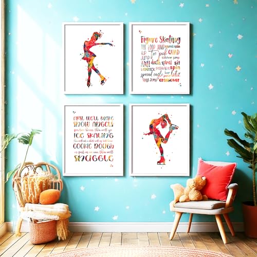 Inspirational Watercolor Ice Skater Girl Figure Skating Illustration Art Print Set for Girl's Bedroom Empowerment, Winter Sports Locker Team Boost, Young Spinner Surprises, Team Captain Honors, Coach Appreciation, Birthday Gifts - 8x10 Unframed Print Set