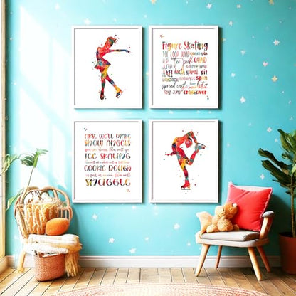 Inspirational Watercolor Ice Skater Girl Figure Skating Illustration Art Print Set for Girl's Bedroom Empowerment, Winter Sports Locker Team Boost, Young Spinner Surprises, Team Captain Honors, Coach Appreciation, Birthday Gifts - 8x10 Unframed Print Set