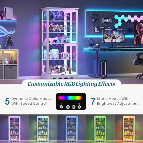 Dystler Display Cabinet with RGB LED Lights & Glass Doors, 5-Tier, White | Human Sensor Lighting, Flexible Storage with Adjustable Shelves, Modern Design Curio Cabinet - color: Pure White