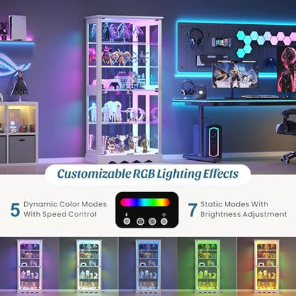 Dystler Display Cabinet with RGB LED Lights & Glass Doors, 5-Tier, White | Human Sensor Lighting, Flexible Storage with Adjustable Shelves, Modern Design Curio Cabinet - color: Pure White
