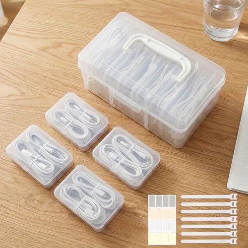 Portable Cord Organizer Box with Handle, 7 Clear Cable Storage Cases and Labels, Travel Cable Holder for Charging Cords, USB Wires, Earphones – Home Desk Drawer Organizer (Type A)