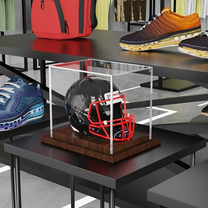 VGMiu Mini Helmet Display Case with Wood Base, Clear Acrylic Football Helmet Display Case Dustproof Box for Helmets, Sports Collectibles, Memorabilia Displays - size: Mini Helmet Case