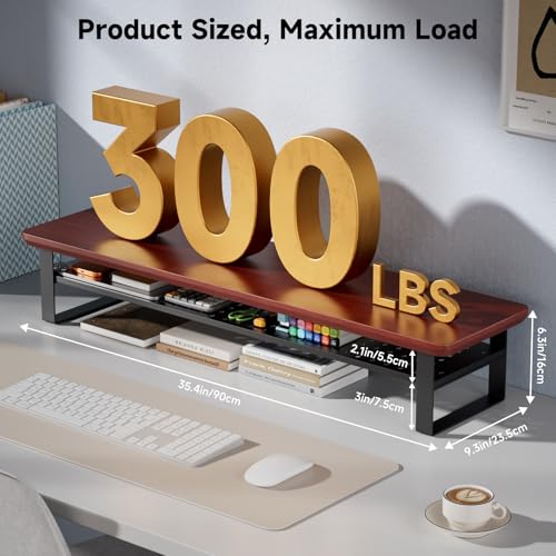 Dual Monitor Stand, 35.4 Inch Monitor Stand Riser for 2 Monitors, 2 Tiers Wood Desk Shelf with Storage, Desktop Organizer Stand for Computer, Laptop, Printer, TV - color: Reddish Brown, size: 35.4in