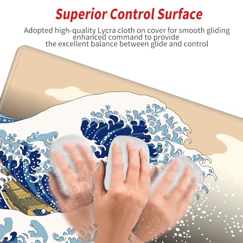 Gaming Mouse Pad Japanese Sea Wave Mousepad 24x12 Desk Pad XL Ocean Desk Mat Long Extended Computer Mat Non Slip Base Big Mouse Mat for Wireless Mouse Laptop Office - color: Sea Wave, size: 24''X12''