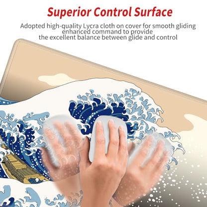 Gaming Mouse Pad Japanese Sea Wave Mousepad 24x12 Desk Pad XL Ocean Desk Mat Long Extended Computer Mat Non Slip Base Big Mouse Mat for Wireless Mouse Laptop Office - color: Sea Wave, size: 24''X12''