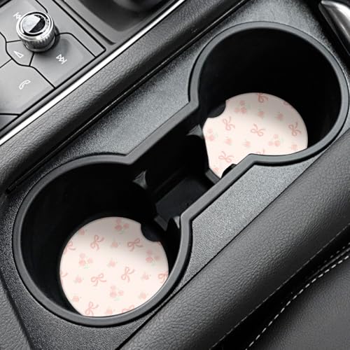 Cute Bowknot Car Coasters,Absorbent 2 Pack for Cup Holders with Finger Notch,2.56 inches Ceramics Heat Resistant Anti Slip Cork Base Car Drinks Coasters Auto Cup Holder - color: Pink Bows2