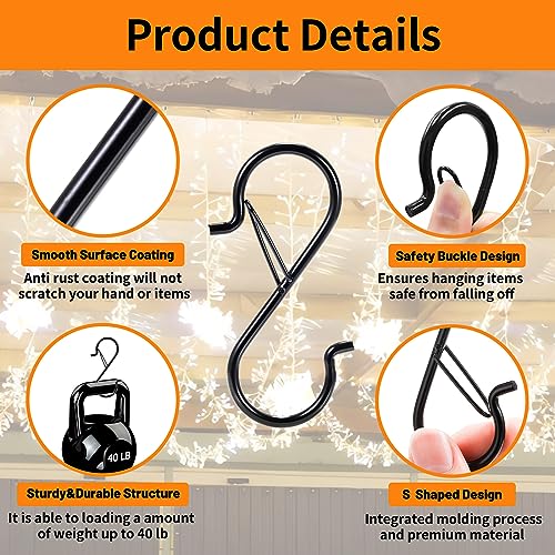 12 PCS S Hooks for Hanging with Safety Buckle | 3.5 inch Heavy Duty Metal S Shaped Hooks for Kitchen Utensil, Cups, Pots, Plants, Bags, Hats (Black) - color: Black