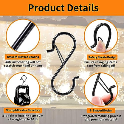 12 PCS S Hooks for Hanging with Safety Buckle | 3.5 inch Heavy Duty Metal S Shaped Hooks for Kitchen Utensil, Cups, Pots, Plants, Bags, Hats (Black) - color: Black