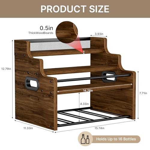 4-Tier Wood Display Shelf Wine Rack for 16 Bottles Wood Coffee Syrup Organizer with Handles Home Whiskey Shelf Retro Mini Liquor Cabinet Spice Rack Coffee Bar Shelves, Walnut - color: Walnut