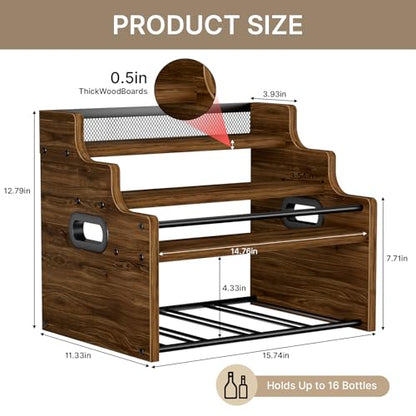 4-Tier Wood Display Shelf Wine Rack for 16 Bottles Wood Coffee Syrup Organizer with Handles Home Whiskey Shelf Retro Mini Liquor Cabinet Spice Rack Coffee Bar Shelves, Walnut - color: Walnut