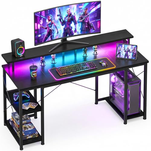 ODK 48 inch Gaming Desk with LED Lights, Computer Desk with Monitor Stand & Storage Shelves, CPU Stand, Home Office Desk, Black - color: Black, size: 48 inches