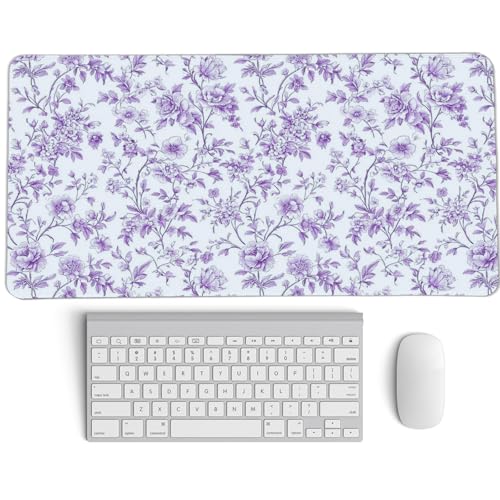 Purple Chinoiserie Mouse Pad,Vintage Purple and White Floral Desk Mat,XL Large Vintage Flowers Preppy Mouse Pad,Girly Laptop Desk Mat for Dorm Home Office,23.6x11.8 Inch - color: L Purple