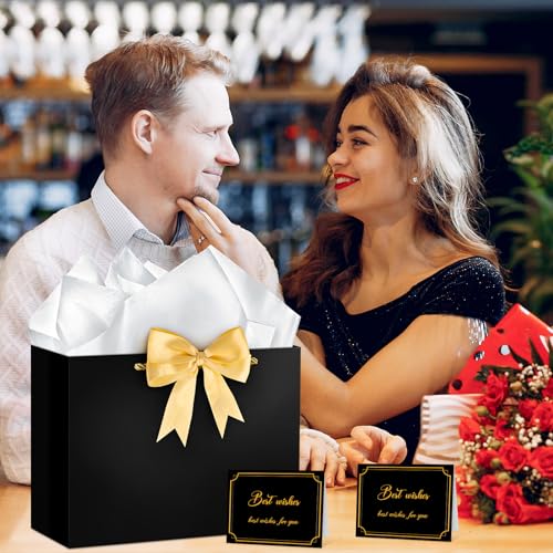 Hooqict Gift Bag Black Birthday Gift Bags with Handles, 1 Ribbon, 4 Tissue Paper, 2 Greeting Cards for Men Women Birthday Presents Wedding Retirement Christmas Gifts Fathers Day - color: Black