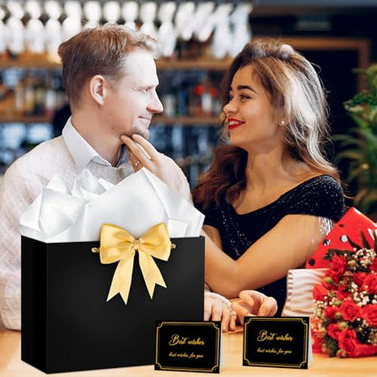 Hooqict Gift Bag Black Birthday Gift Bags with Handles, 1 Ribbon, 4 Tissue Paper, 2 Greeting Cards for Men Women Birthday Presents Wedding Retirement Christmas Gifts Fathers Day - color: Black