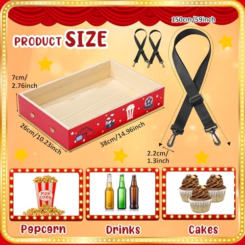 Movie Night Trays with Strap 15 x 10 x 3 Inch Wooden Snack Tray Party Wearable Serving Trays Usherette Popcorn Drink Beverage Carrier for Theater Family Room Film Carnival Prop Supplies(Party Style) - style: Party Style