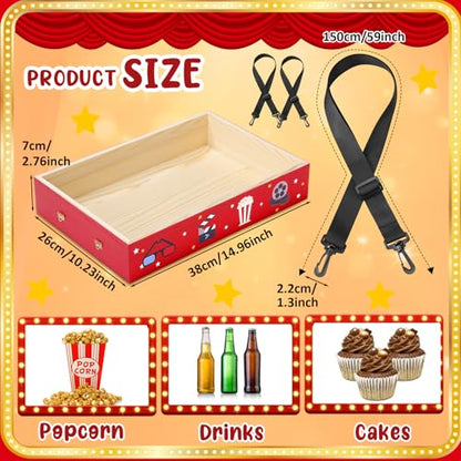 Movie Night Trays with Strap 15 x 10 x 3 Inch Wooden Snack Tray Party Wearable Serving Trays Usherette Popcorn Drink Beverage Carrier for Theater Family Room Film Carnival Prop Supplies(Party Style) - style: Party Style