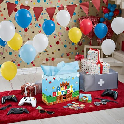 13" Large Super Brother Gift Bag Set with Greeting Card and Tissue Papers, Video Games Theme Happy Birthday Gift Bags for Birthday Party Celebration.