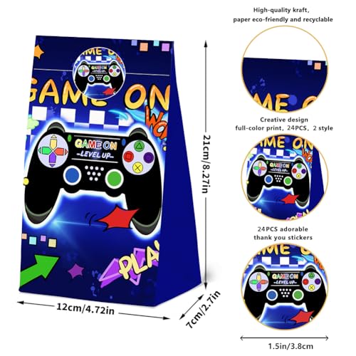 24Pcs Video Game Goodie Gift Bags with Stickers, Video GameTheme Paper Bags, Perfect for Gamer Party Supplies and Treat Bags - color: purple-24-game-bags