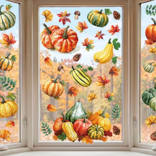 Fall Window Clings Decorations Pumpkin Maple Leaf Autumn Thanksgiving Decor | 8 Sheets Holiday Stickers for Glass Windows, Autumn Harvest Decals for Home Office School Classroom Farm, Glass Doors Decor - color: Fall
