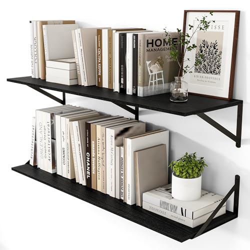 Heimlove Black Deep Floating Shelves for Wall, 40W x 12D Wood Wall Shelves Set of 2, Wide Floating Bookshelf for Living Room, Kitchen, Office, Bedroom and Decor Storage, with Metal Bracket - Black - color: Black With Black Metal Bracket, size: 40wx12dx5.8