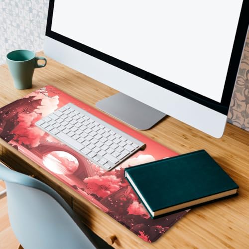 Sunset Gaming Mouse Pad Japanese Pink Red Bridge Red Maple Art Large Desk Mat with Stitched Edges,Non-Slip Waterproof Rubber Base Mouse Mat 31.5 x 11.8 Mouse Pads for Desk Home Office Gaming - color: Sunset, size: 31.5" x 11.8"