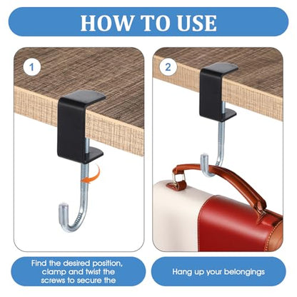 cobee Clamp-On Under Desk Hooks, Desk Mount Hanging Bag Holder Metal Hook Adjustable Headphones Clamp Organizer Portable Purse Hanger Clip Reduce Desk Clutter Table Desk Under Counter (4 Pcs, Black) - color: 4 Pcs, Black