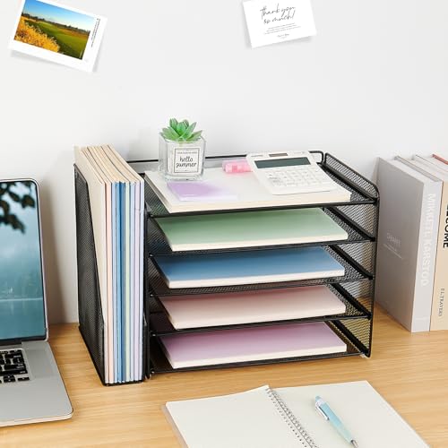 OPNICE Desk Organizers and Accessories, 5-Tier Paper Organizer Letter Tray with Magazine Holder, Office Desk Accessories & Workspace Organizers, Desktop File Organizer for Office Supplies, Black - color: Black, size: 15.5" x 9" x 10.3"